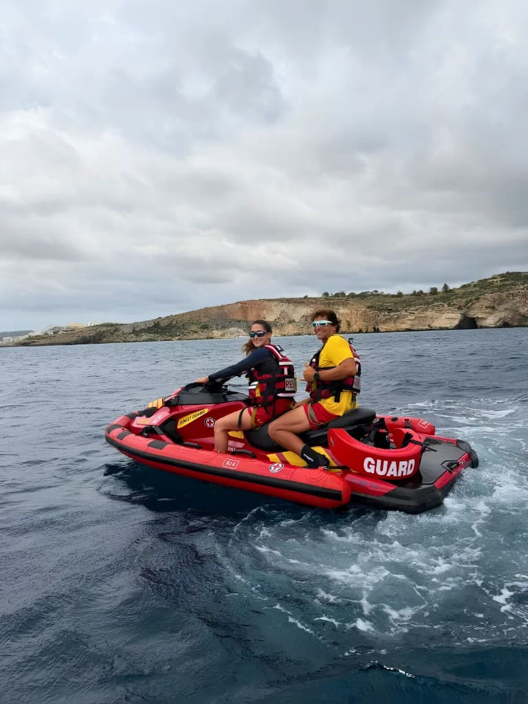 Malta Red Cross lifeguards on a coastal rescue jet ski